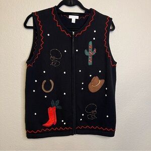 Charter Club Western Christmas Themed Black Vest with Embroidered Accents XL